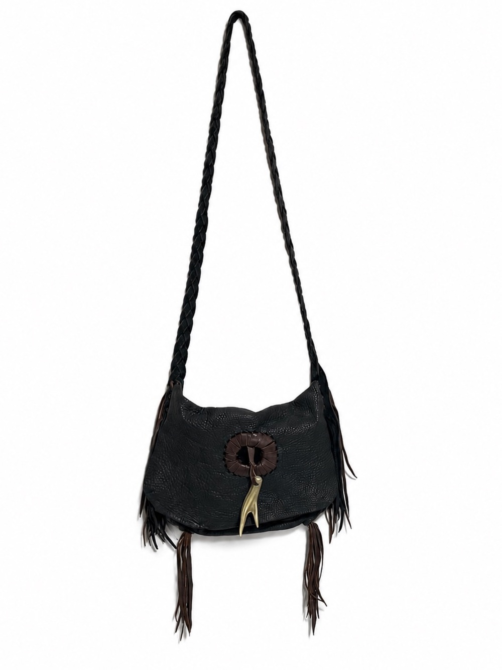 Jimmi Wz Large Black Leather Fringe Crossbody Antler Closure
